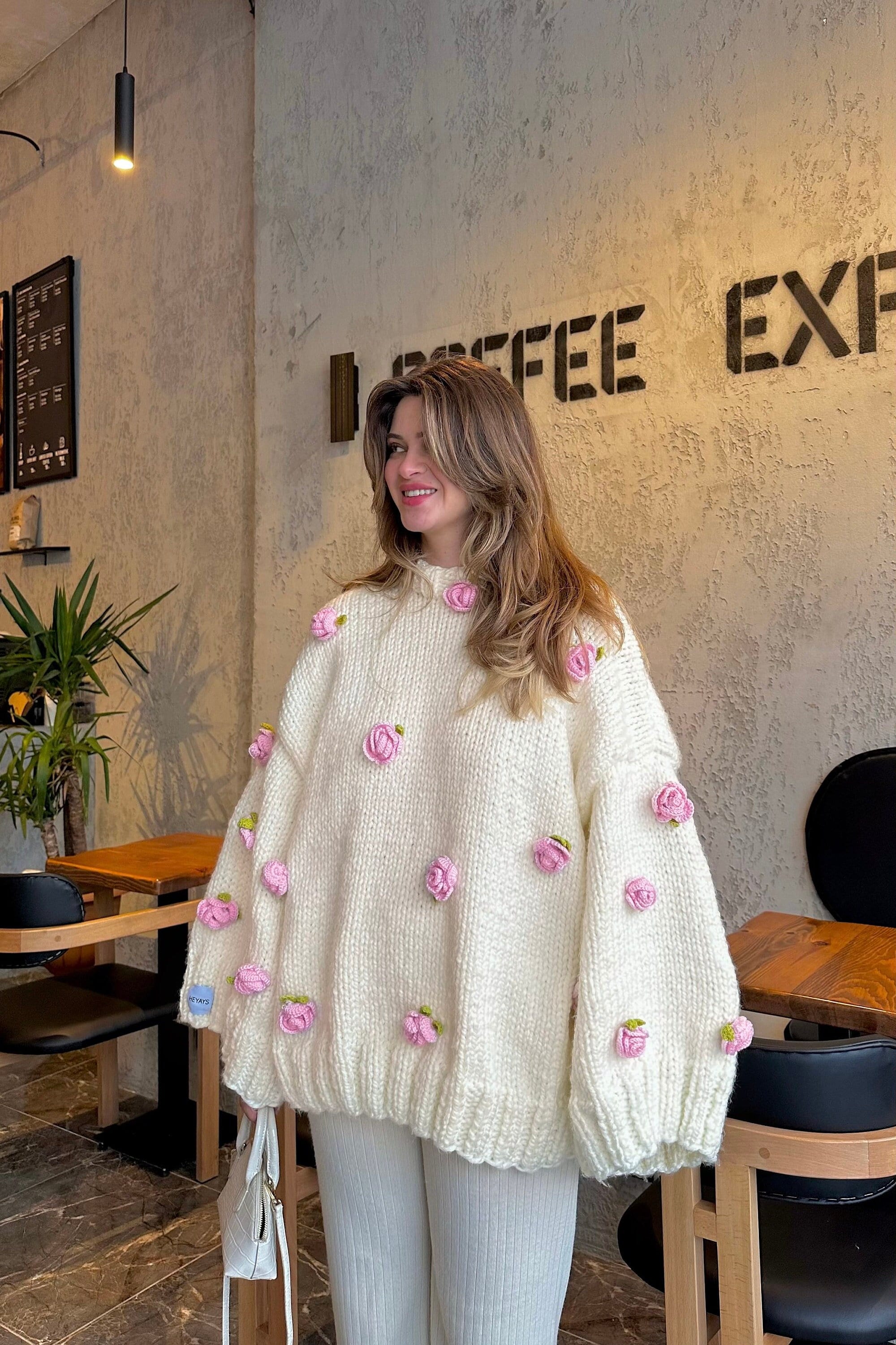 Rosalinda Hand-knitted Oversized Cream Sweater With Pink Crochet