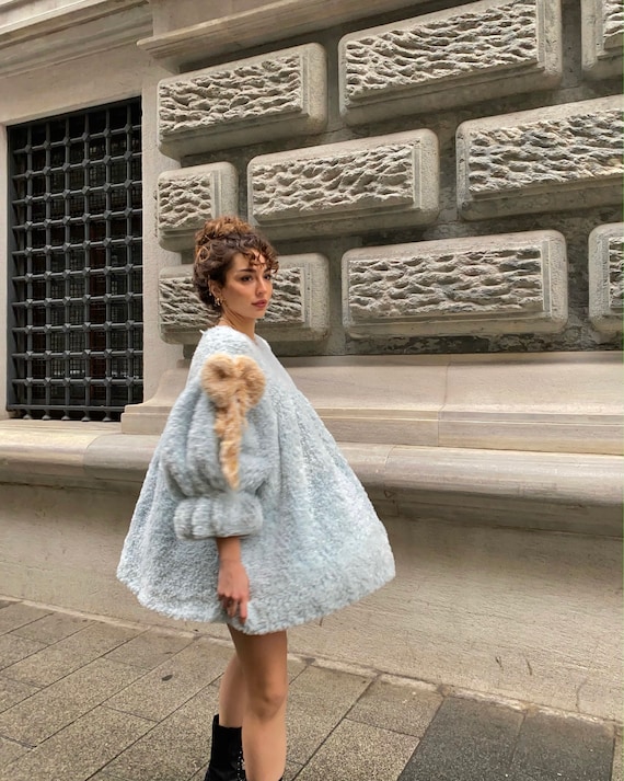 Heyays Blue Plush Knit Dress - Balloon Sleeve Faux Fur