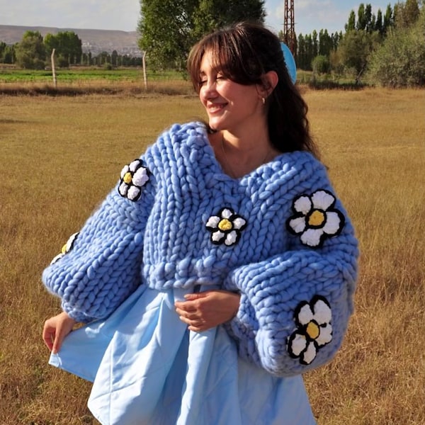 Heyays | Bouquet Knit Sweater | Chunky Knitwear | Baby Blue Knitwear | Handmade | Oversized Knitwear | Floral Knitwear