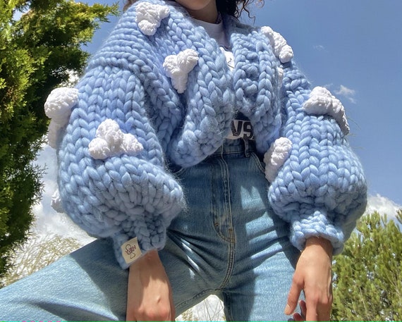 Heyays Cloud Knit Cardigan Chunky Knitwear Handmadel Oversized Cardigan 3D  Fluffy Clouds Balloon Sleeves Cottagecore 