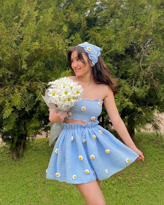 Heyays Daisy Summer Set Cottagecore Dress Crochet Set Handmade Aesthetic  Blue Summer Dress Circle Skirt Floral Dress -  Norway