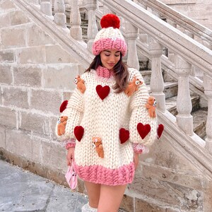 Heyays Chunky Knit Winter Beanie with Pompom Handmade Merino Wool Pink Beanie image 2