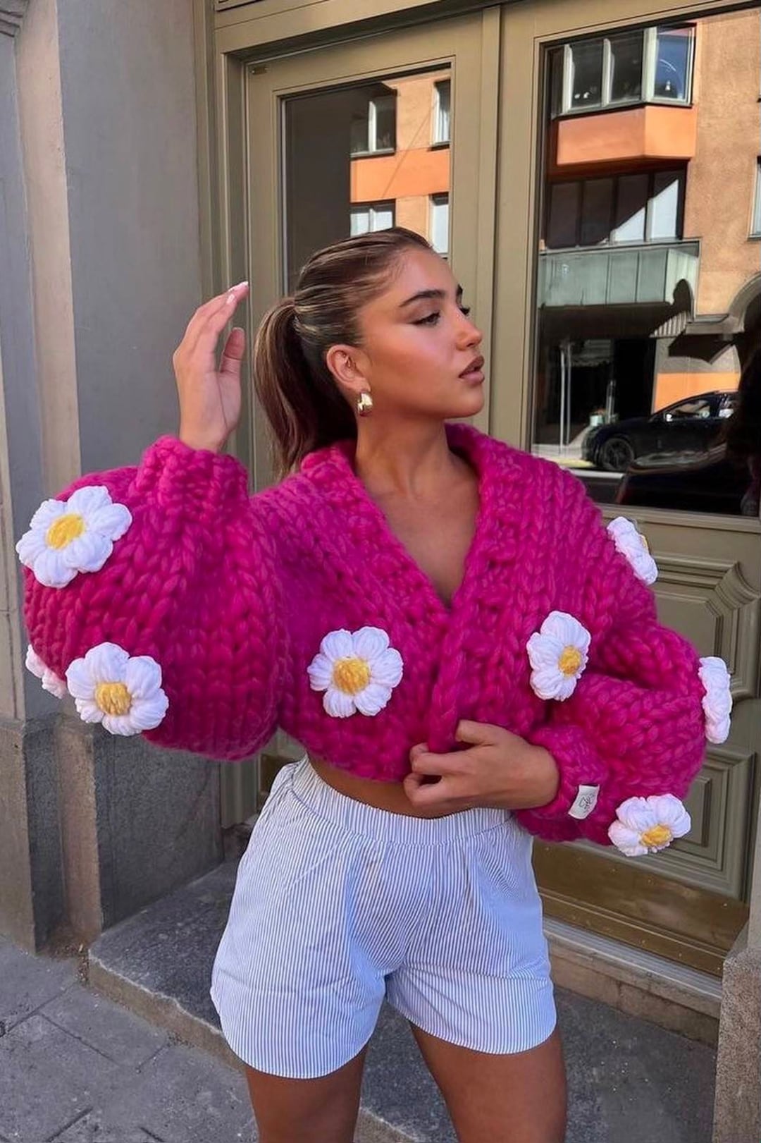 Handmade Fuchsia Daisy Cardigan, Chunky Knit With Puffy Flowers, 100% Merino Wool, Barbiecore Winter Cottagecore Sweater - Etsy Handmade Fuchsia Daisy Cardigan, Chunky Knit With Puffy Flowers, 100% Merino Wool, Barbiecore Winter Cottagecore Sweater - Etsy