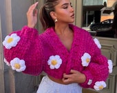 Handmade Fuchsia Daisy Cardigan, Chunky Knit With Puffy