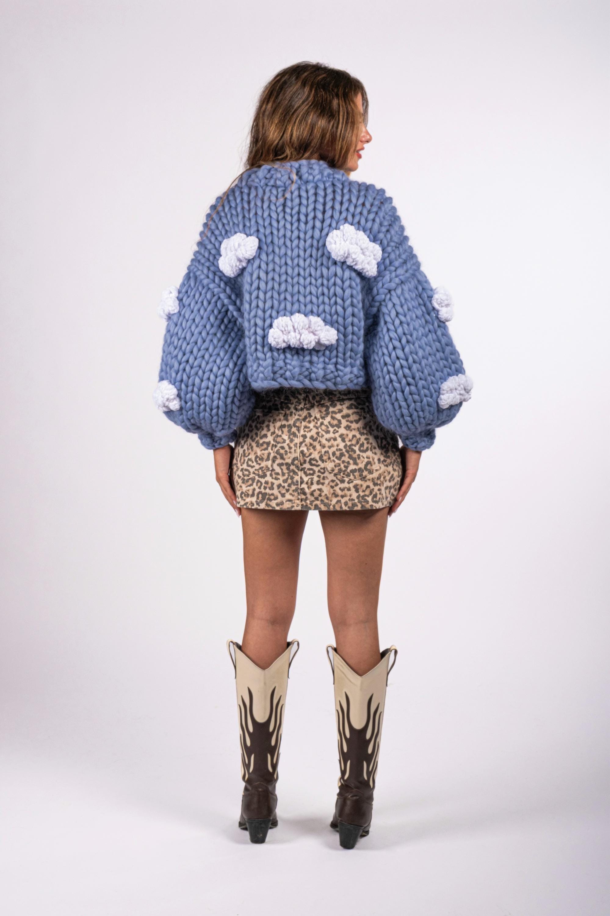 Cloud Hand-knitted Cardigan, 100% Merino Wool, Blue Knit Cardigan