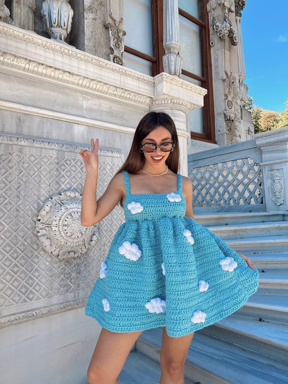 Hand Knitted Wool Blend Mini Dress: Blue Cloud Knit Princesscore Dress
