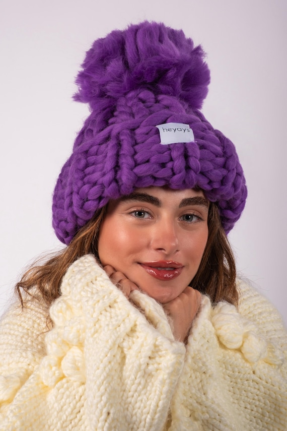 Hand-knitted Chunky Pom Pom Beanie, 100% Merino Wool Hat  display picture 1