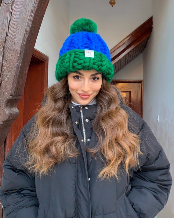 Women’s Handmade Green Chunky Knit Beanie | NWT Super Chunky Winter Hat, Deep Olive Green Chunky Knit Beanie  main image 2