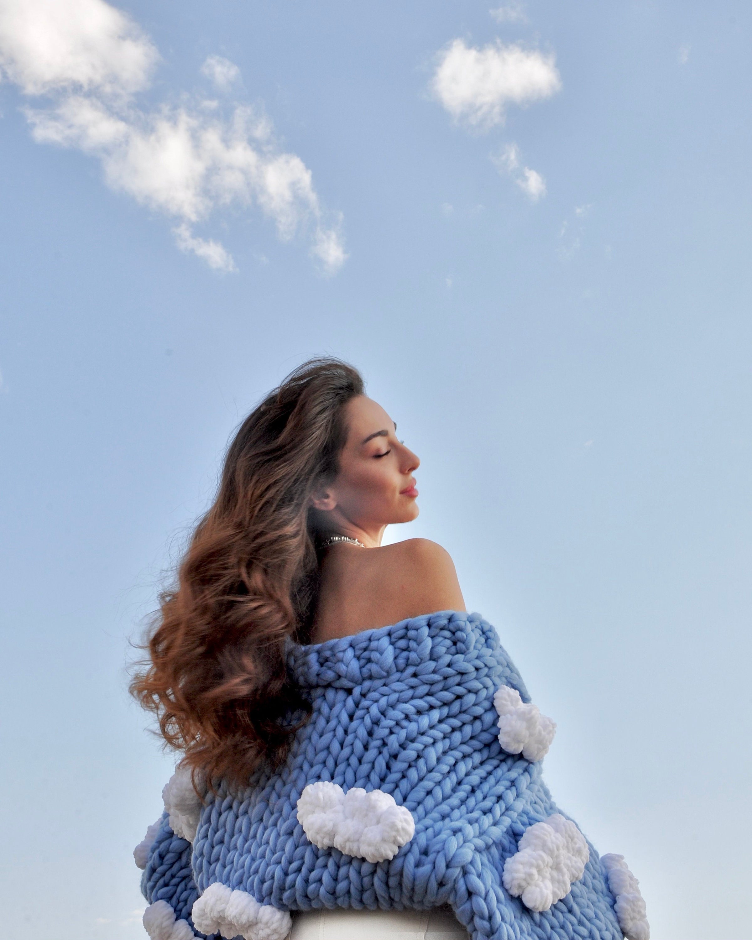 Cloud Hand-knitted Cardigan, 100% Merino Wool, Blue Knit Cardigan