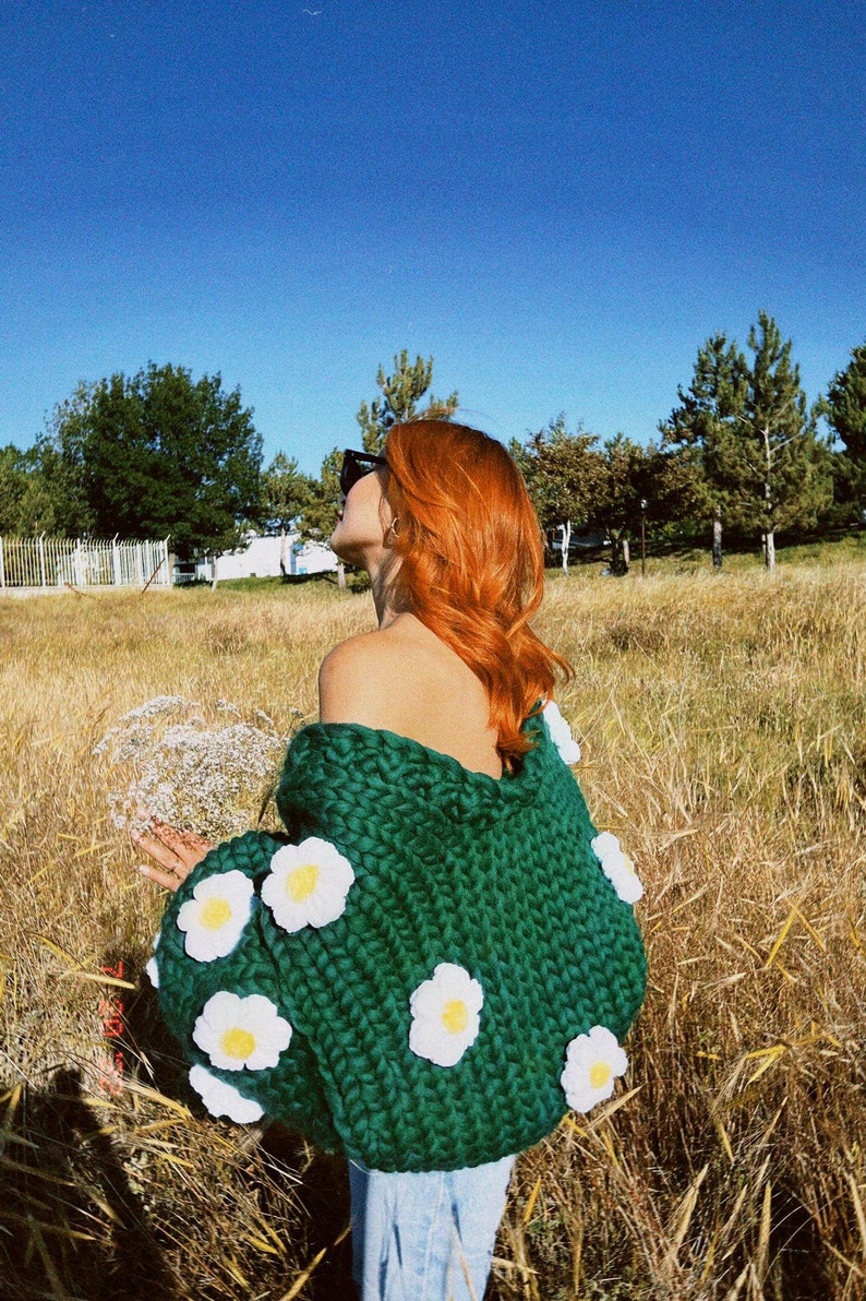 Heyays Green Daisy Knit Cardigan Handmade Valentine's Day Gift Oversized Chunky Knitwear Floral Cardigan Winter Cottagecore image 3