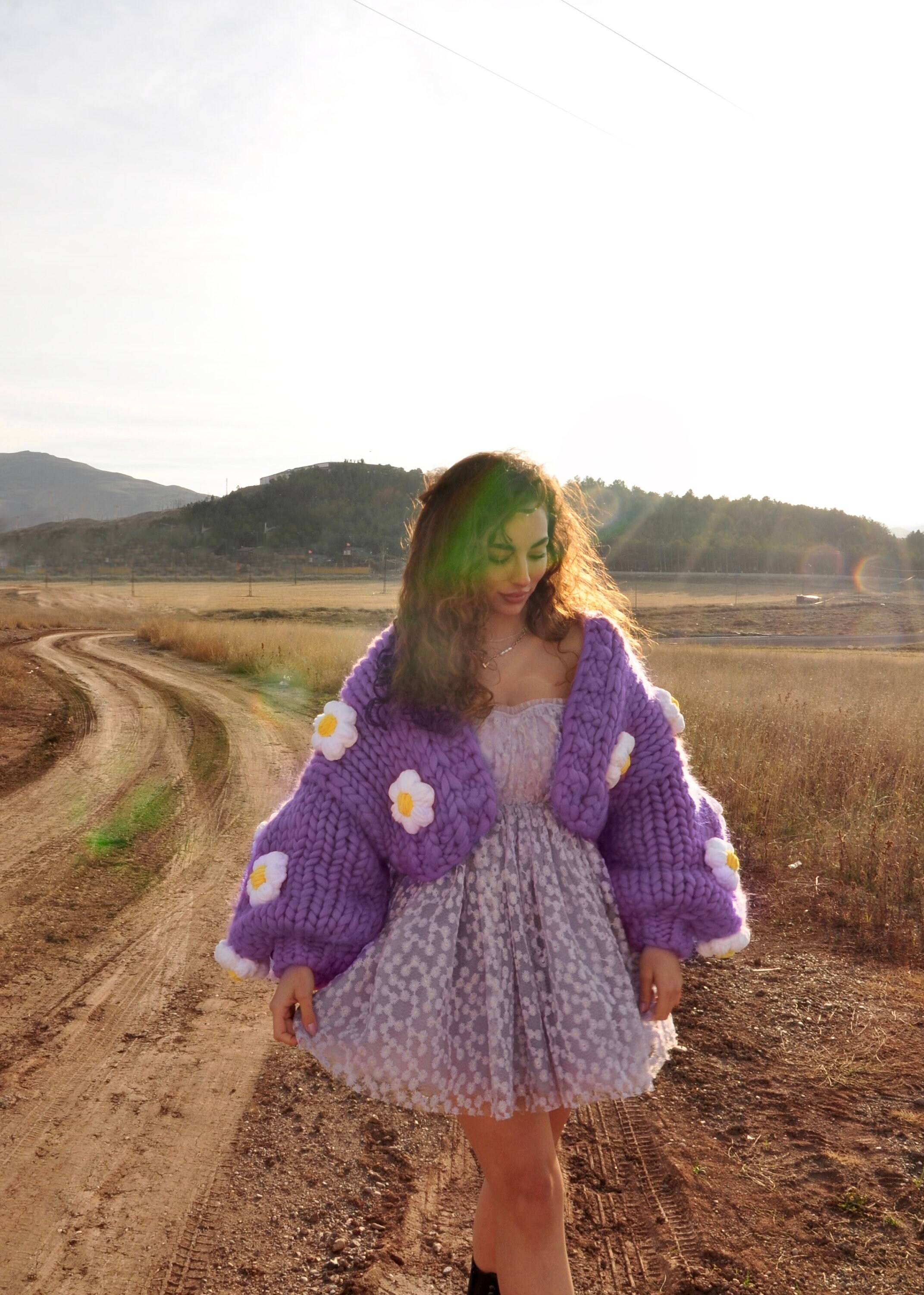 Handmade Lilac Daisy Knit Jacket, Chunky Oversized Cardigan