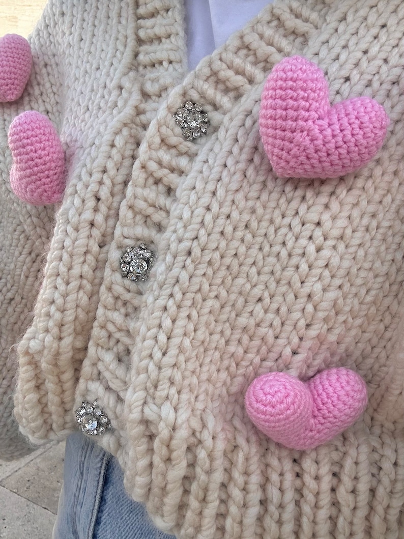 Heyays, Love Cardigan, Heart Knitwear, Valentines Day Knitwear, Heart Cardigan, Handmade Knitwear, Chunky Heart Knitwear, Beige Cardigan image 5