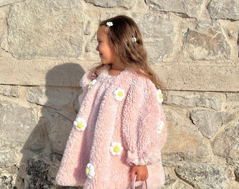 Handmade Daisy Fluffy Plush Dress, Pink Faux Fur Balloon Sleeve