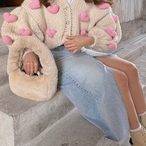 Heyays, Love Cardigan, Heart Knitwear, Valentines Day Knitwear, Heart Cardigan, Handmade Knitwear, Chunky Heart Knitwear, Beige Cardigan image 3