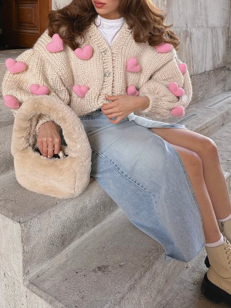 Heyays, Love Cardigan, Heart Knitwear, Valentines Day Knitwear, Heart Cardigan, Handmade Knitwear, Chunky Heart Knitwear, Beige Cardigan image 3