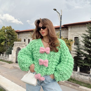 Heyays Bubblegum Handknitted Cardigan, Green Cardigan, harajuku style, Japanese style, colorful knitwear, bow cardigan, buttoned cardigan image 7