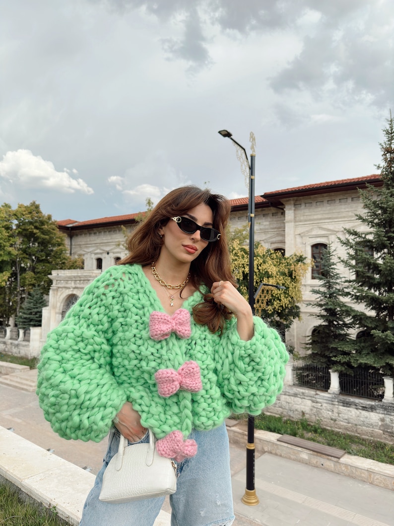 Heyays Bubblegum Handknitted Cardigan, Green Cardigan, harajuku style, Japanese style, colorful knitwear, bow cardigan, buttoned cardigan image 4