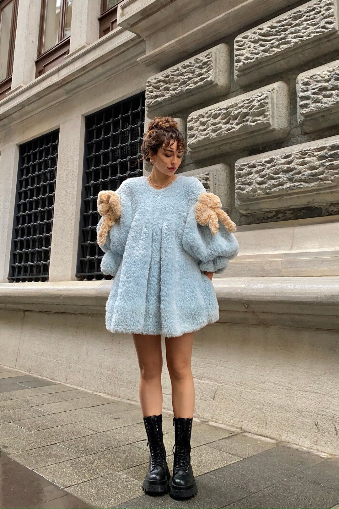 Heyays Blue Plush Knit Dress Balloon Sleeve Faux Fur