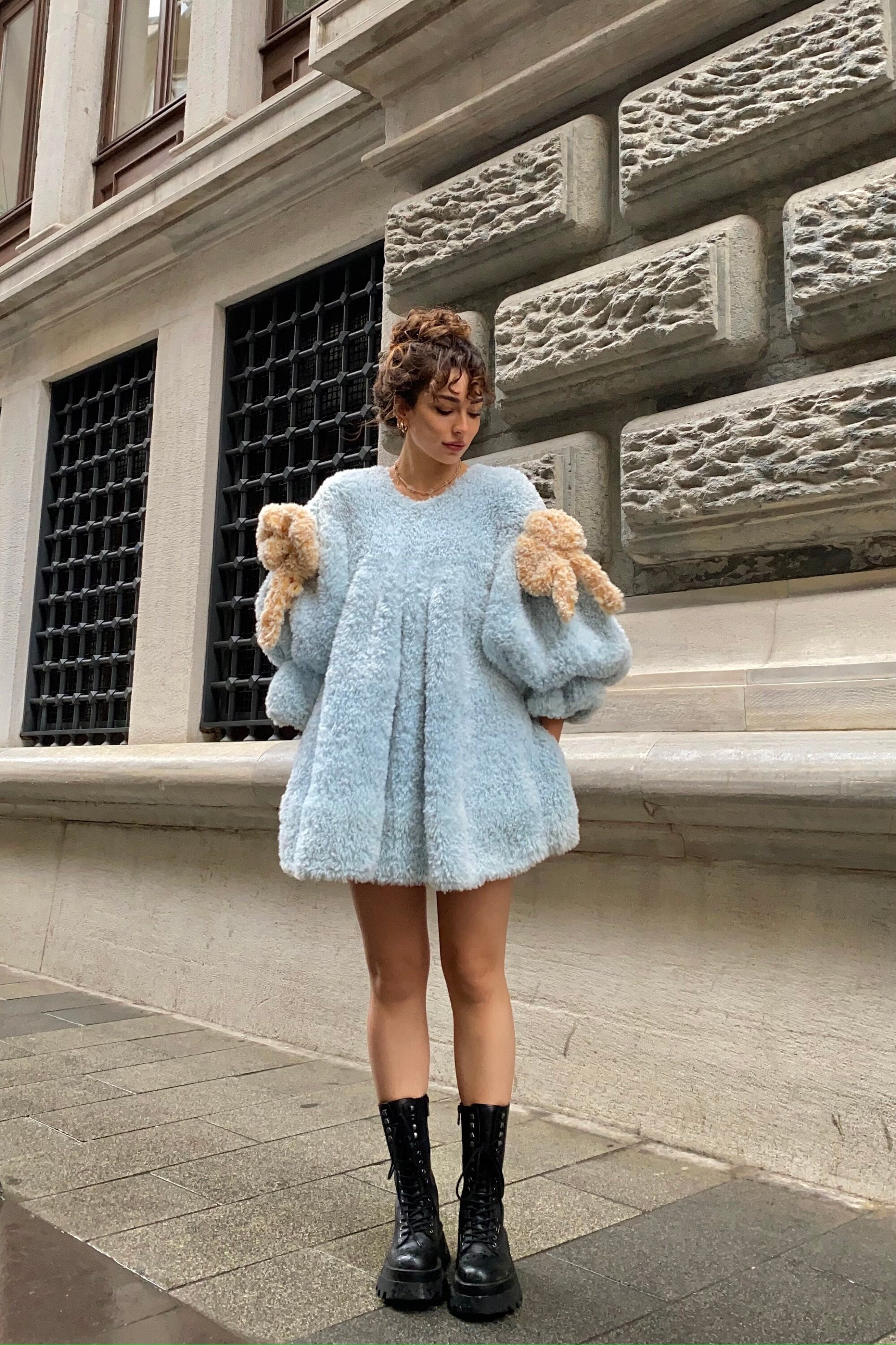 Heyays Blue Plush Knit Dress - Balloon Sleeve Faux Fur
