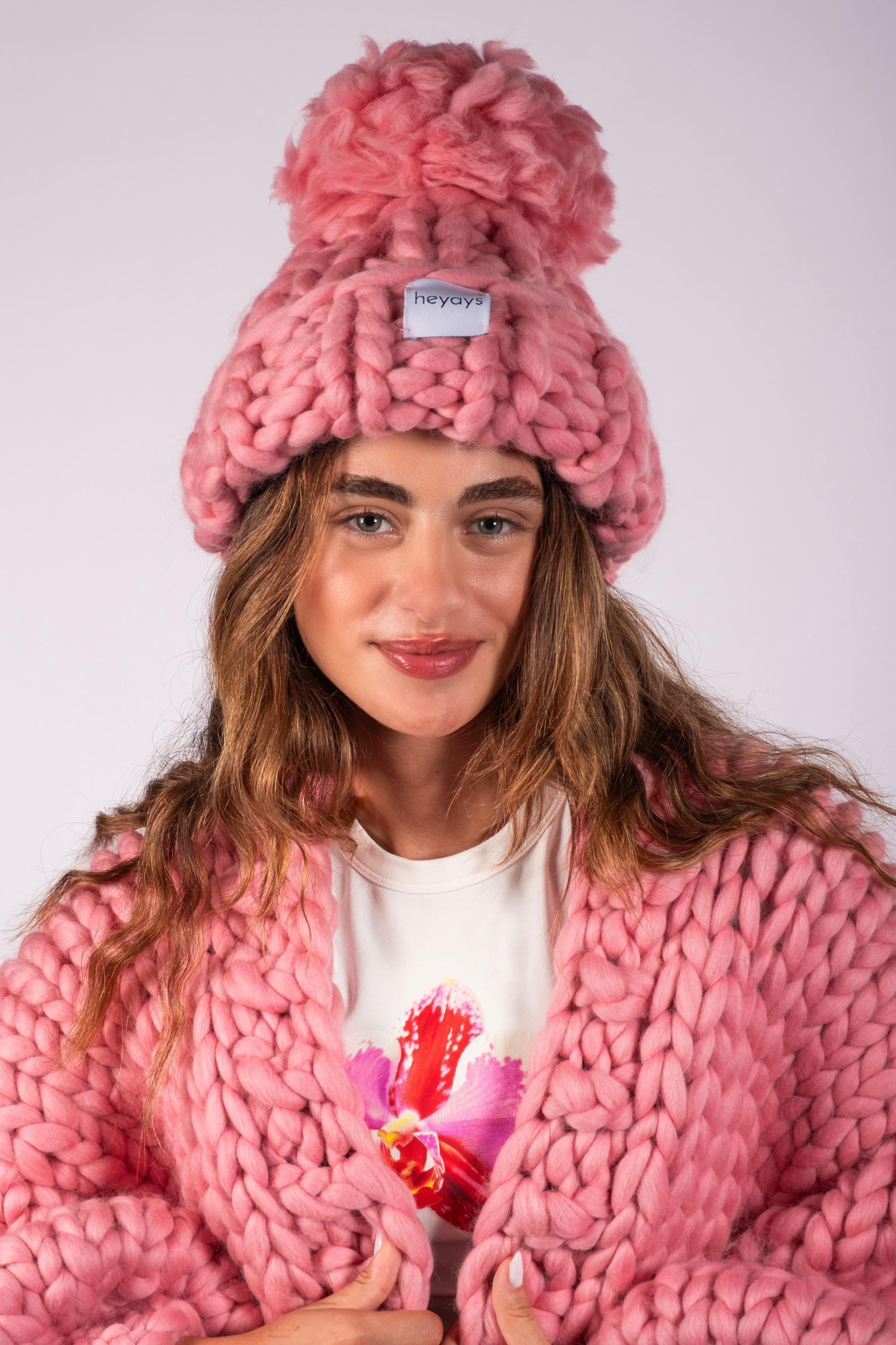Hand-knitted Chunky Pom Pom Beanie, 100% Merino Wool Hat 