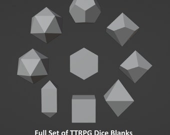 Può includere: Un set completo di dadi vuoti per giochi di ruolo da tavolo (TTRPG), incluso un D2 e un set di vantaggio. I dadi sono realizzati in plastica grigia e sono disposti in un cerchio su uno sfondo grigio scuro.