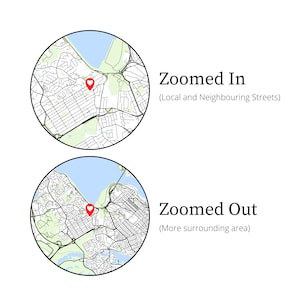 May include: Two circular maps showing the same area at different zoom levels. The top map is zoomed in, showing local and neighboring streets. The bottom map is zoomed out, showing a wider surrounding area. Both maps have a red heart pin marking the same location.