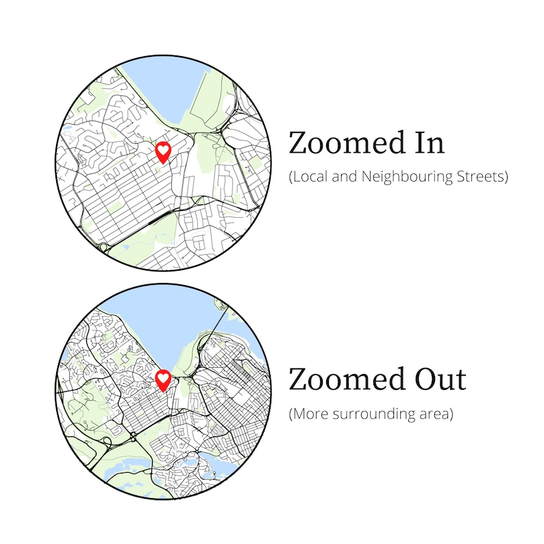 May include: Two circular maps showing the same area at different zoom levels. The top map is zoomed in, showing local and neighboring streets. The bottom map is zoomed out, showing a wider surrounding area. Both maps have a red heart pin marking the same location.