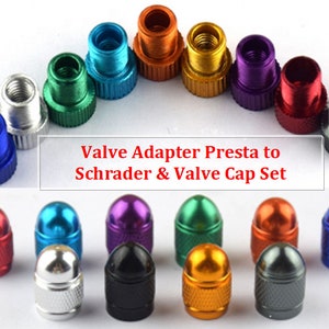 Aluminium Alloy Presta Valve Adaptor, Convert Presta to Schrader for Bikes, MTB and Cars & Tyre Valve Dust Cap Dust Cover,  2 Pieces (Set).