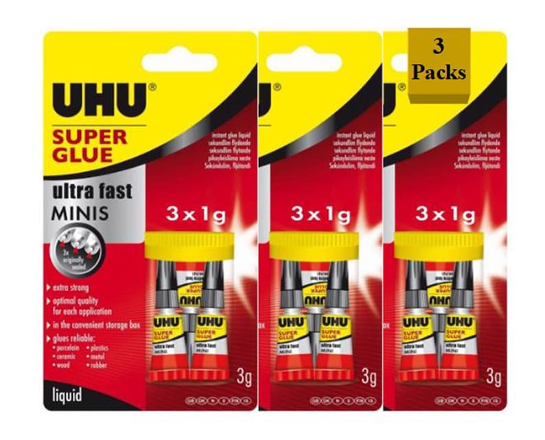 UHU Alleskleber Super Strong & Safe MINIS 3x1g – Repositionierbar, Schnelltrocknend – Praktische Minituben Für Unterwegs