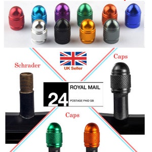 May include: Assortment of 10 Schrader valve stem caps in various colours, including red, green, blue, purple, black, gold, and silver. The caps are displayed on a white background. The text "Schrader Valve Stem Caps" is at the top of the image. The text "Caps" is at the top right of the image. The text "Schrader" is at the bottom left of the image. The text "UK Seller" is in the centre of the image. The text "24" is at the bottom left of the image. The text "ROYAL MAIL POSTAGE PAID GB" is at the bottom right of the image. The text "Caps" is at the bottom centre of the image.