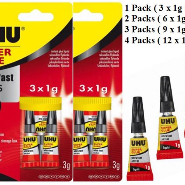 UHU Super Glue Ultra Fast Mini– Super Power Mini 3 x 1g Tube - UHU Super Glue Mini Trio Adhesives 3 x 1g Tubes Super Power Super Glue