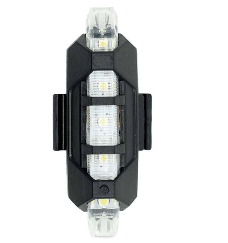 May include: Black LED bicycle light with clear plastic lenses. The light has three white LED lights in the center and two at the top and bottom. The light is designed to attach to a bicycle frame.