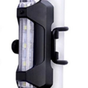 May include: Black bicycle light with a clear, rectangular lens and a black mounting bracket. The light has a series of small, bright LED lights. The light is attached to a silver pole.