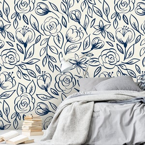 Navy Rose Floral Wallpaper Removable Wallpaper Peel And Stick Wallpaper Adhesive Wallpaper Wall Paper Peel Stick Wall Mural 2361 image 2