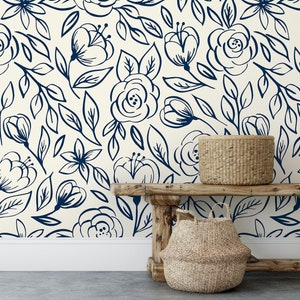 Navy Rose Floral Wallpaper Removable Wallpaper Peel And Stick Wallpaper Adhesive Wallpaper Wall Paper Peel Stick Wall Mural 2361 image 1