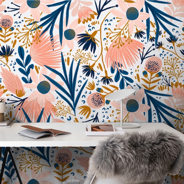 Pink And Navy Floral Wallpaper | Removable Wallpaper | Peel And Stick Wallpaper | Adhesive Wallpaper | Wall Paper Peel Stick Wall Mural 3620