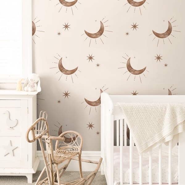 Moon and Stars Boho Wallpaper | Girls Nursery Wallpaper | Kids Wallpaper | Childrens Wallpaper | Peel Stick Removable Wallpaper | 3844