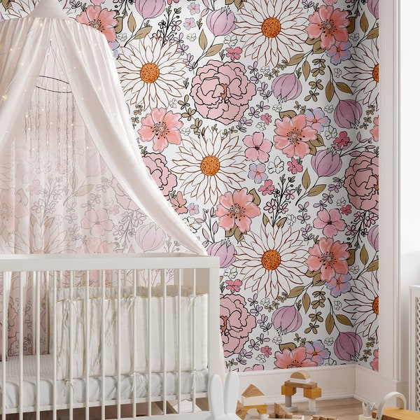 Vintage Pink Floral Wallpaper | Girls Nursery Wallpaper | Kids Wallpaper | Childrens Wallpaper | Peel Stick Removable Wallpaper | 555