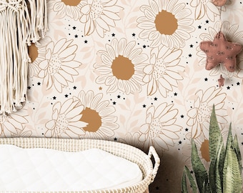 Vintage Boho Sunflower Wallpaper | Girls Nursery Wallpaper | Kids Wallpaper | Childrens Wallpaper | Peel Stick Removable Wallpaper | 385