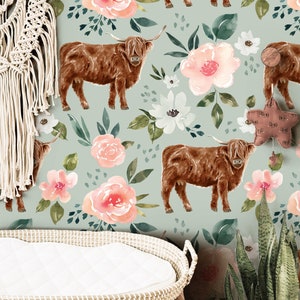 Highland Cow Floral Girls Wallpaper