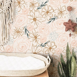 Neutral Floral Outline Wallpaper Girls Nursery Wallpaper Kids Wallpaper Childrens Wallpaper Peel Stick Removable Wallpaper 162 image 1