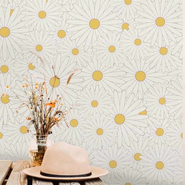 Yellow Daisy Floral Wallpaper Peel and Stick Wallpaper Removable Wallpaper Wall Decor Home Decor Wall Art Printable Wall Art Room Decor 922A