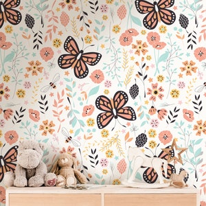 Floral Butterfly Wallpaper | Girls Nursery Wallpaper | Kids Wallpaper | Childrens Wallpaper | Peel Stick Removable Wallpaper | 3912