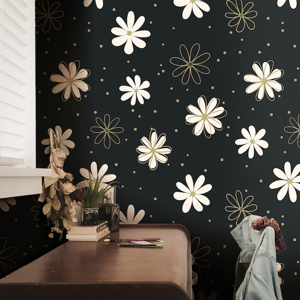 Wallpaper Peel and Stick Wallpaper Daisy Black White Gold Floral Removable Wallpaper Wall Decor Home Decor Wall Art Room Decor 900