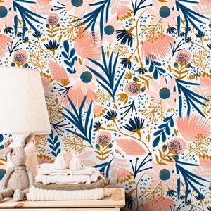 Pink Floral Wallpaper | Girls Nursery Wallpaper | Kids Wallpaper | Childrens Wallpaper | Peel Stick Wallpaper | Removable Wallpaper | 3574