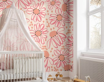 Large Pink Floral Wallpaper | Girls Nursery Wallpaper | Kids Wallpaper | Childrens Wallpaper | Peel Stick Removable Wallpaper | 626a
