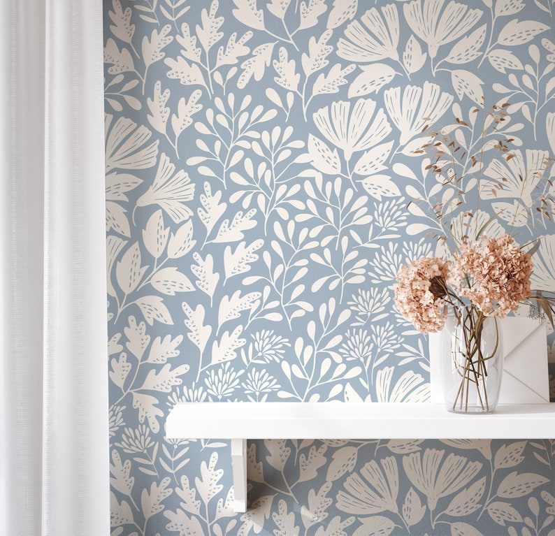 Wallpaper Peel and Stick Wallpaper Light Blue Floral Vintage Etsy