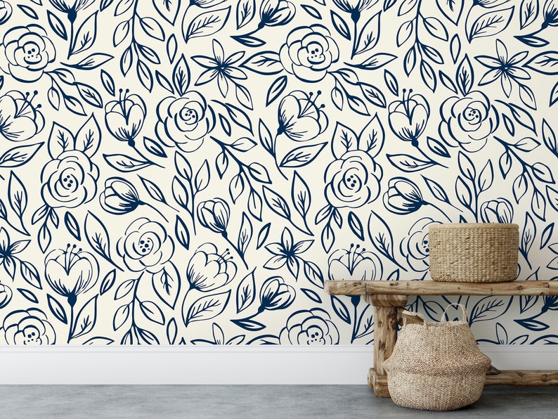 Navy Rose Floral Wallpaper Removable Wallpaper Peel And Stick Wallpaper Adhesive Wallpaper Wall Paper Peel Stick Wall Mural 2361 image 1