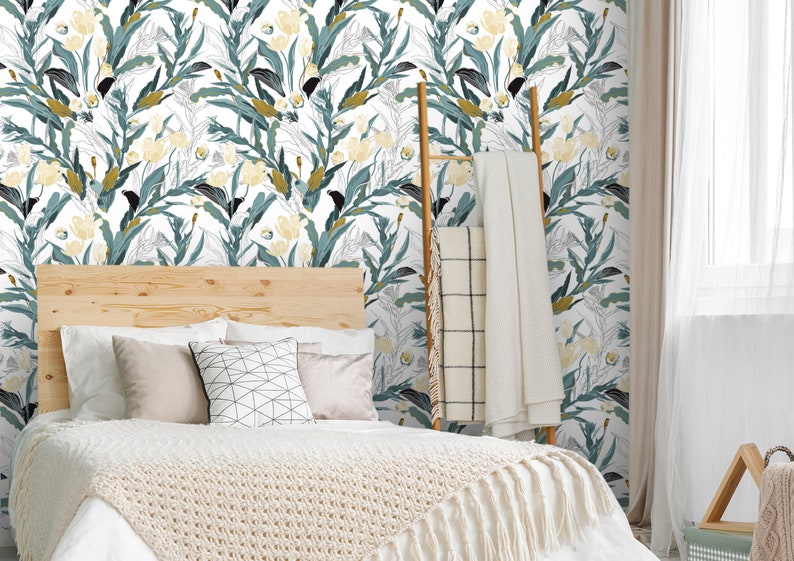 Green Gold Floral Wallpaper Wallpaper Peel and Stick Etsy