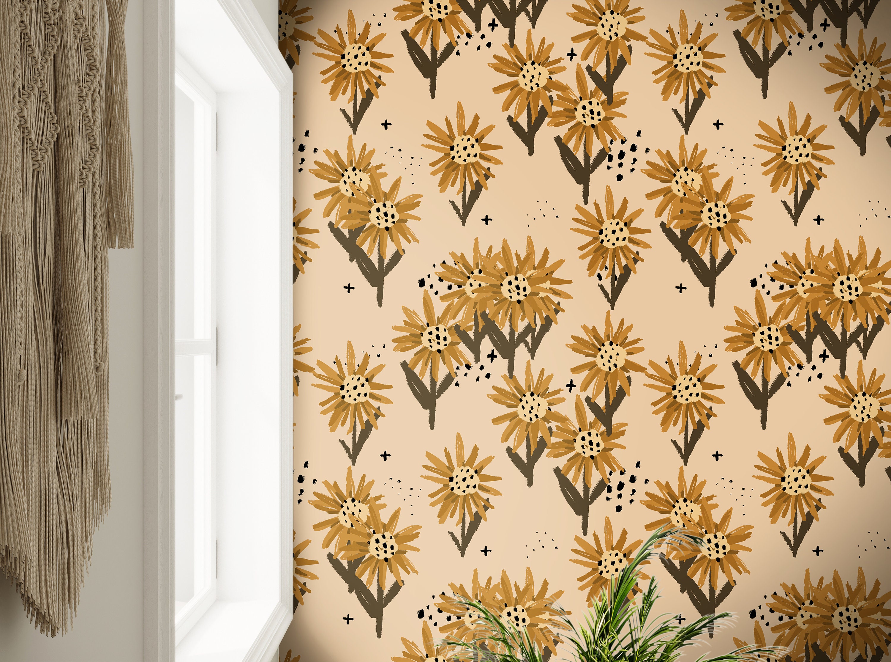 Wallpaper Peel and Stick Wallpaper Boho Golden Sunflowers Etsy